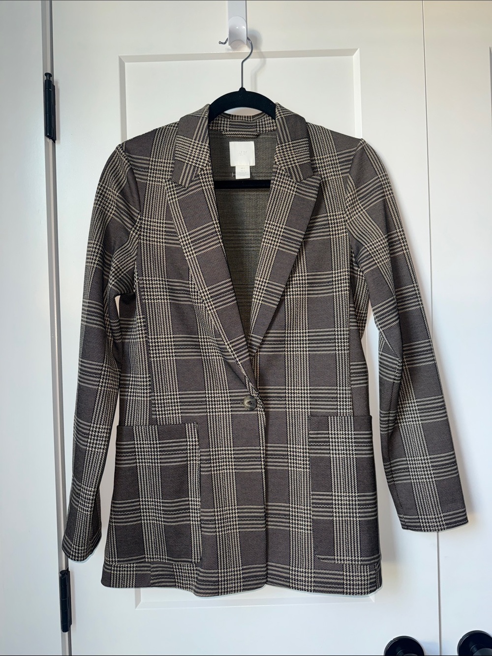 H&M Brown and Cream Plaid Single-Button Blazer